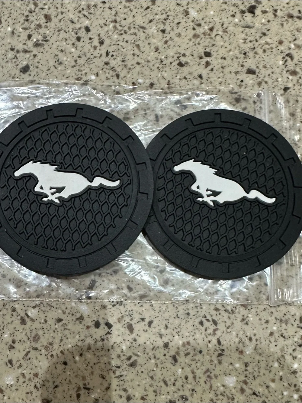 Car Cup Holder Coaster Pair with White Mustang Emblems 2.75”, 2 pcs